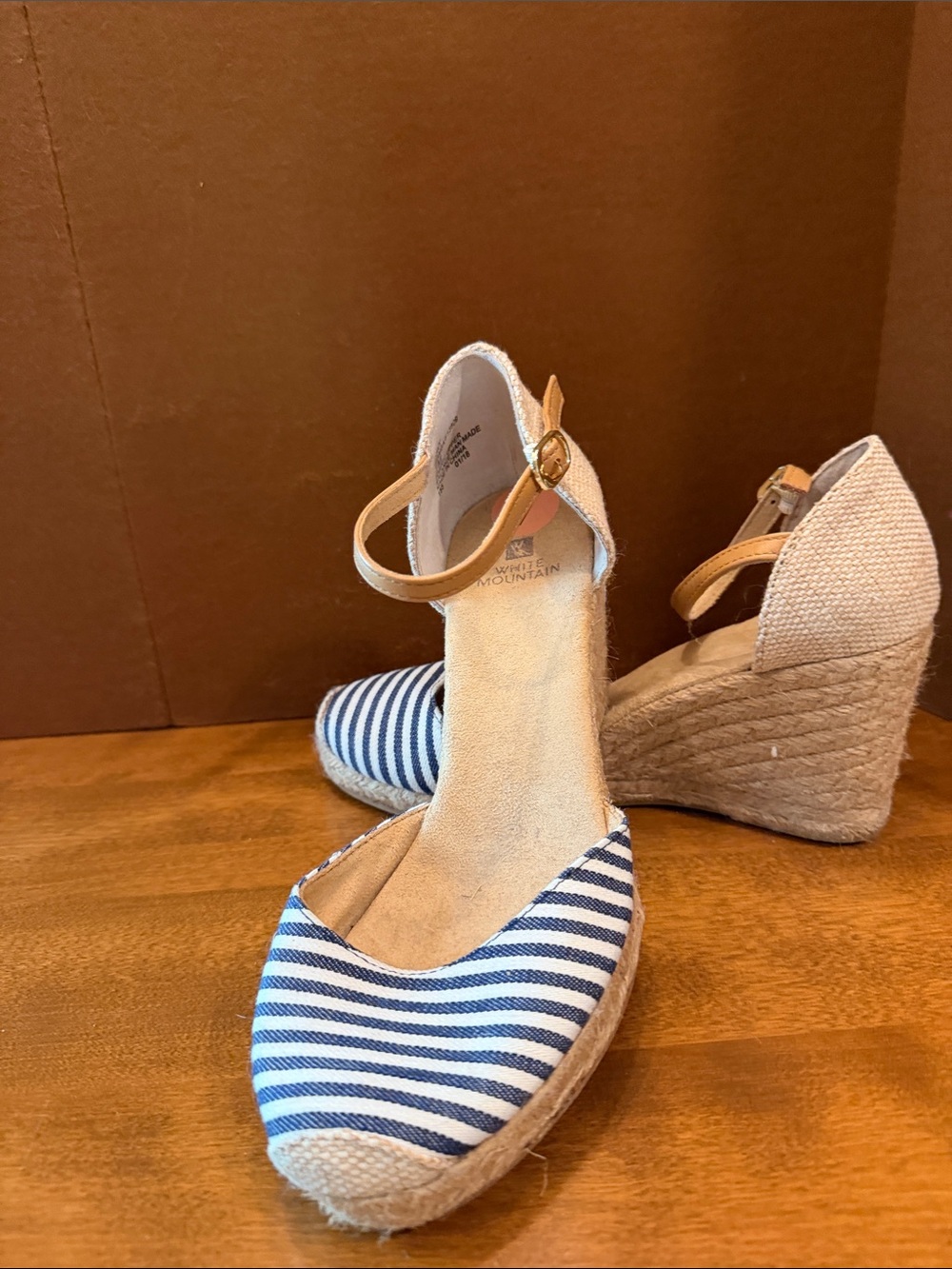 White Mountain Blue and White Striped Espadrille Wedge Sandals
